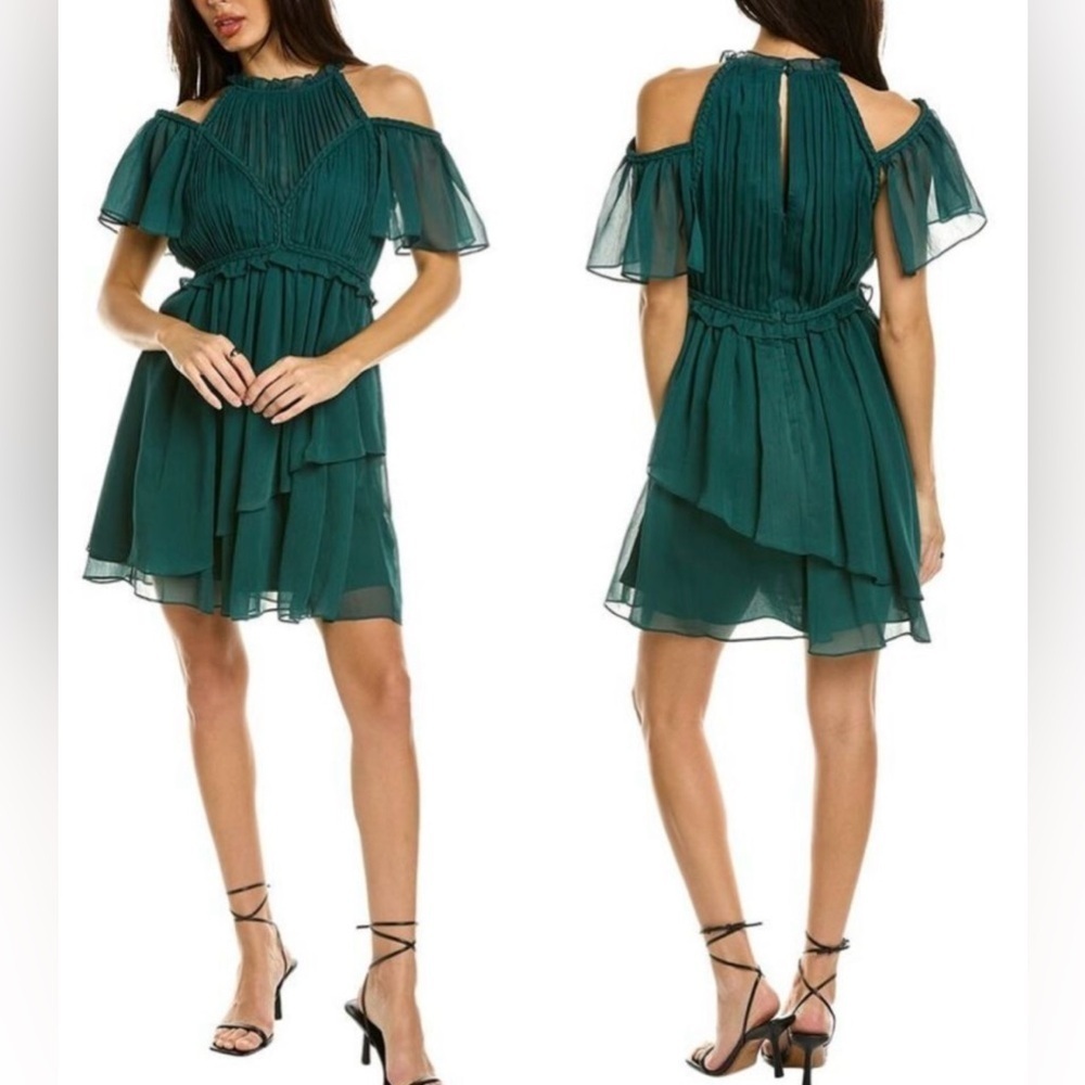 Nwot Ted Baker Poppio Green Plated Cold Shoulder Mini Dress Sz Tb 3 Us 8